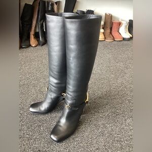Pre Owned Gucci Sz 9.5 Black Leather Knee High Boots Designer Shoes